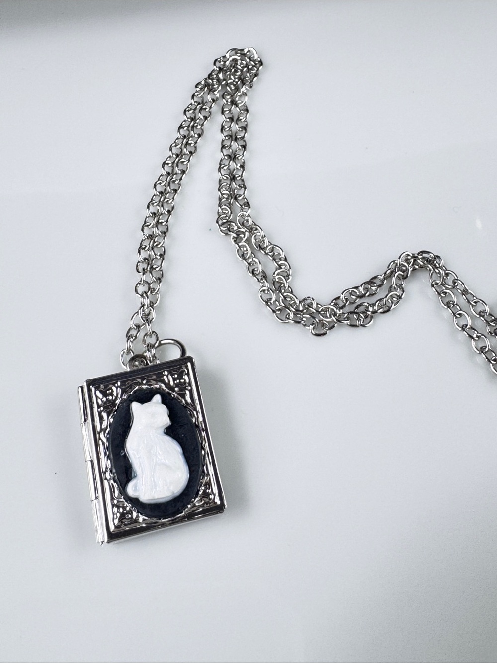 Cameo Kitty Cat Locket Book Necklace with White Cat Cameo